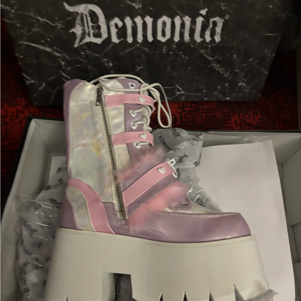 Demonia Iridescent Pink Platform Boots